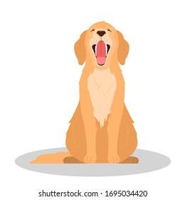 Cute yawning sleepy dog. Purebread golden retriver sitting. Funny domestic pet want to sleep. Isolated vector illustration in cartoon style