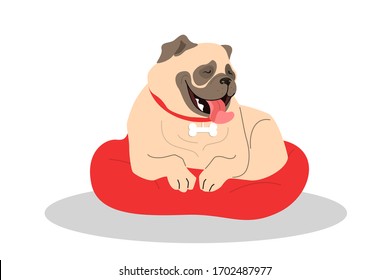 Cute yawning sleepy dog. Purebread pug lying. Funny domestic pet want to sleep. Isolated vector illustration in cartoon style