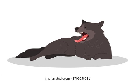 Cute yawning sleepy dog. Purebread shepherd lying. Funny domestic pet want to sleep. Isolated vector illustration in cartoon style