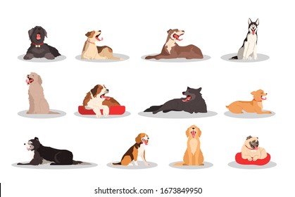 Cute Yawning Sleepy Dog Set. Collection Of Purebread Dog Of Various Breed Sitting Or Lying. Funny Domestic Pet Want To Sleep. Group Of Animal. Isolated Vector Illustration In Cartoon Style