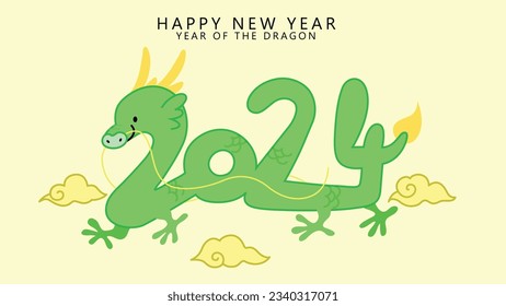 Cute year of the dragon 2024 greeting card illustration, asian dragon with numbers shape, 2024 celebration of lunar new year.