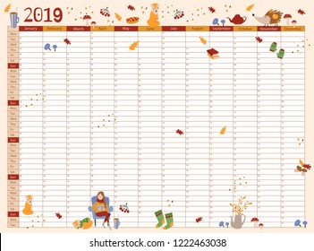 Cute year Planner with hand drawn elements, to do list, notes, printable, vector. Fall leaves, forest animals, girls, woman with book