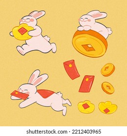 Cute year of rabbits set isolated on yellow background.Including red envelopes, coins, gold ingot and rabbits with coin, gold ingot, or red envelopes.