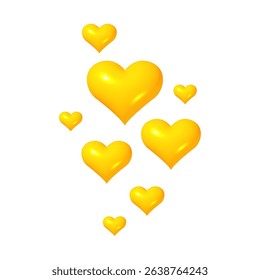 Cute yellow 3d hearts floating composition. Vibrant arrangement of love icons on a white background 