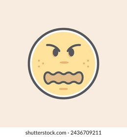 Cute yellow angry filled emoji icon with furious wavy open mouth and freckles