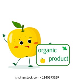 A cute yellow apple cartoon character holds a plate of organic foods. Vector illustration, a flat style.