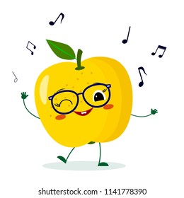 Cute yellow apple cartoon character in glasses dances to music. Vector illustration, a flat style.