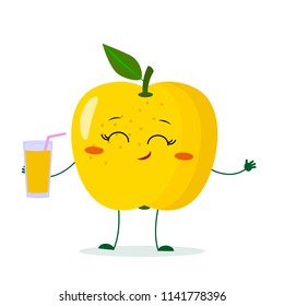 Cute yellow apple cartoon character holding a glass with juice. Vector illustration, a flat style.