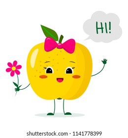 Cute yellow apple cartoon character with a pink bow holding a flower and welcomes.Vector illustration, a flat style.