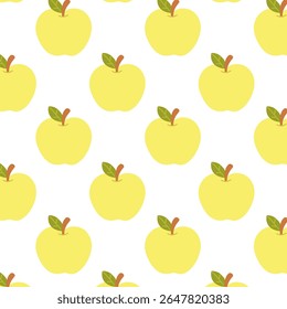 Cute yellow apple seamless pattern, background with green leaves in a simple, clean vector style.