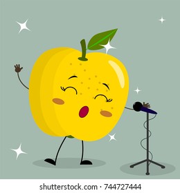 Cute yellow apple Smiley in a cartoon style sings into the microphone. Flat design, vector illustration.