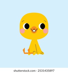 Cute yellow baby chicken chick smiling and sitting on the ground, bored doing nothing and waiting. Simple flat cartoon art style. Vector illustration.