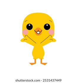 Pollito amarillo lindo del pollo del bebé que sonríe con los brazos abiertos y que se coloca en el suelo. Acogedor con un estilo de dibujos animados plano alegre, simple. Ilustración vectorial.