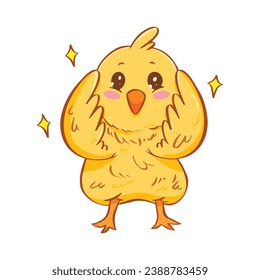 Pollo pequeño amarillo con ojos brillantes y gesto feliz impactado ilustración del vector delineado aislado en fondo blanco cuadrado. Sencillo dibujo de dibujos animados planos con estilo animal. 