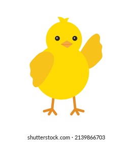 Cute yellow baby chicken wave hello for easter design. Little yellow cartoon chick. Vector illustration isolated on white background
