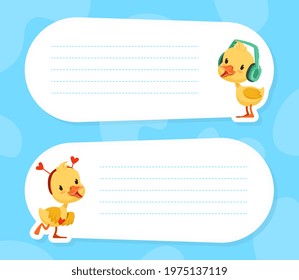 Cute Yellow Baby Ducklings with Blank Signboards Set, Poster, Invitation Card Design Template Vector Illustration