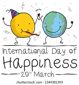 Cute yellow ball and globe like friends celebrating International Day of Happiness this 20th March with a party under a confetti and streamers shower.