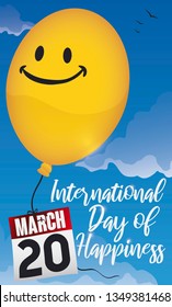 Cute yellow balloon flying in the sky with a smiley face and a loose-leaf calendar with reminder to celebrate international Day of Happiness in March 20.