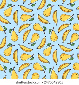 Cute yellow Banana and pear seamless pattern with blue background in cartoon style. Vector cartoon fruits illustration.