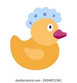Cute yellow bath duck with a bubble on the head. Handdrawn doodle of duck toy for playing during taking a shower and bathe. Simple funny clipart in cartoon flat style isolated on white.