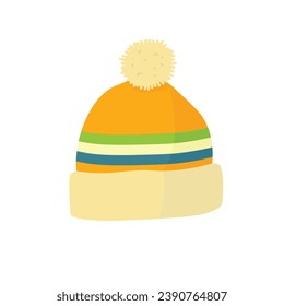 Cute yellow beanie with pom-pom flat illustration vector isolated on white background. Winter accessories for kid. Winter hats