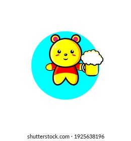 Cute yellow bear drinking beer illustration design