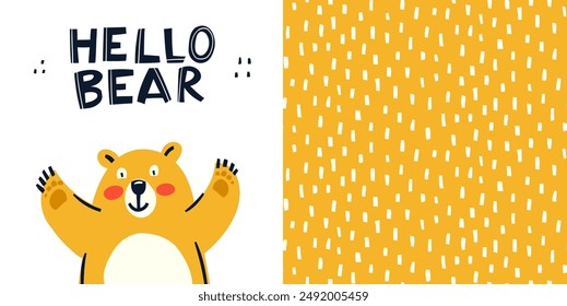 Cute Yellow Bear in the Forest. Greeting card with Hello Bear lettering Quote