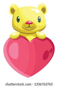 Urso amarelo bonito segurando uma grande ilustração do vetor do coração rosa no fundo branco.