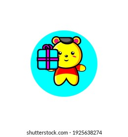 Cute yellow bear illustration design with gift