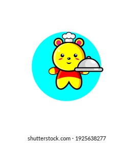 Cute yellow bear illustration design carrying food cloche