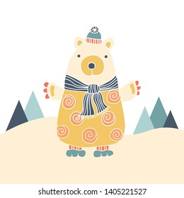 Cute yellow bear with a multi-colour scarf and hat in the snow - vector illustration