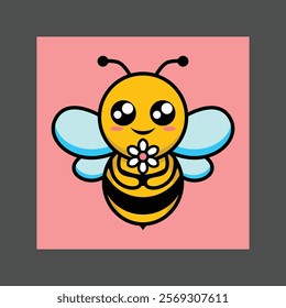 A cute yellow bee with big eyes and a flower in its mouth, against a pink background