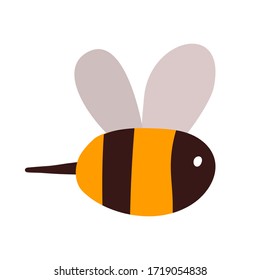 A cute yellow bee in black stripes is flying. A small kind insect with a sting for the logo of manufacturers of honey, wax, apiary owners. Cute toiler is a symbol of positive product and company