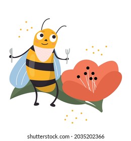 A cute yellow bee with cutlery sits by a flower to collect pollen. Vector flat vintage illustration.