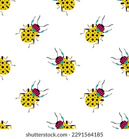 Cute yellow beetles. Seamless pattern with cartoon bugs.