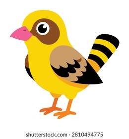 A cute yellow bird with a brown patch and striped tail standing on the ground, looking around
