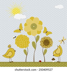 Cute yellow bird and butterflies and flowers. Vector textile stickers 