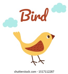Cute yellow bird and clouds.Hand drawn illustration.  Good for kids decor.