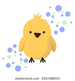 Cute yellow bird with colorful bubbles on white background. 