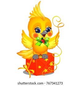 Cute yellow bird with a crest and red gift box with stars ornament isolated on white background. Sample of poster, party holiday invitation, festive banner, card. Vector cartoon close-up illustration.