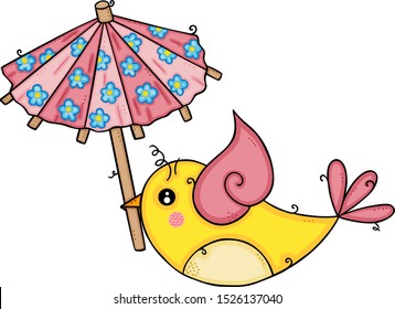 Cute yellow bird flying holding a small umbrella
