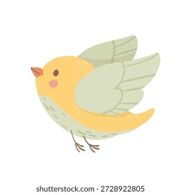Lindo pájaro amarillo volando con alas extendidas. Dulce Ilustración vectorial de pájaro bebé en colores pastel.
