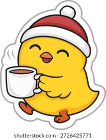 Cute yellow bird with a hat and mug, symbolizing warmth and love.