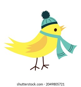 Cute yellow bird in hat and scarf