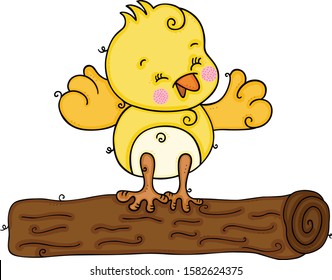 Cute yellow bird on tree stump trunk