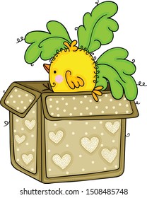 Cute yellow bird out of the open gift box

