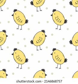 Cute yellow bird and polka dots. Seamless background for sewing children clothes. Printing on fabric and wrapping paper. Pattern for nursery.