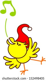 Cute yellow bird with red Christmas hat while balancing, standing on one leg and singing in an enthusiastic way to celebrate Christmas