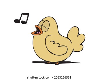 Cute yellow bird singing with its beak open and a musical note symbol. Hand drawn cartoon style vector illustration isolated on white background.
