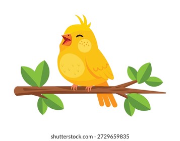 Cute Yellow Bird Singing on a Tree Branch Cartoon Illustration Isolated on White